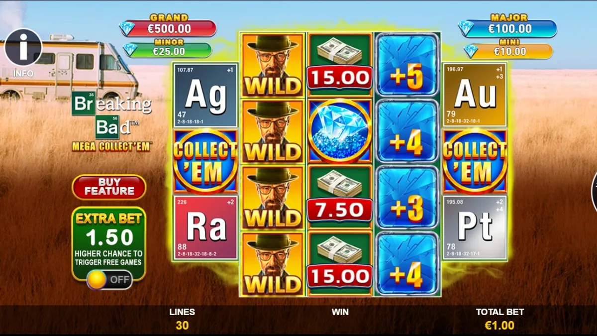 Breaking Bad Mega Collect’Em slot machine interface na may temang disyerto